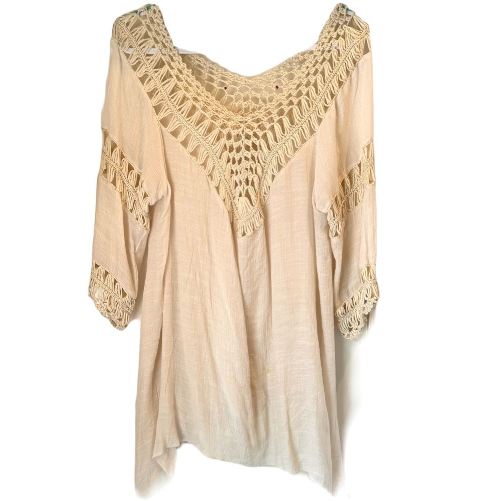 Boho off white tunic with crocheted designs